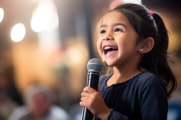 Young girl at talent show singing with a mike