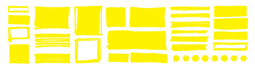 Vector yellow highlighter set. Hand drawn brush pen yellow highlights. Brush stroke marker underline emphasize elements. Yellow color marker stripe lines isolated on white backdrop. Simple text frames - 637928953