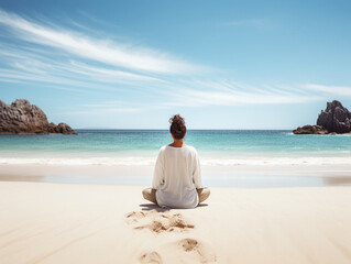 Fototapeta premium A Person Sitting on A Wooden Bench on The Beach