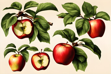 red apples with leaves. Generative AI