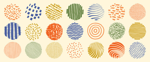 Vector hand drawn patterns set. Abstract line patterns. Modern round icons. Texture patterns collection. Contemporary scribbles isolated on white background. Lines, strips, stripes, waves and curves