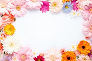 Fototapeta premium Floral border frame card template. multicolor flowers, leaves, for banner, wedding card. Springtime composition with copy-space