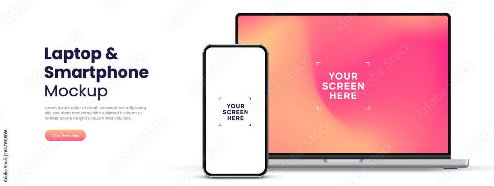 Poster Modern laptop mockup front view and smartphone mockup high quality isolated on white background. Notebook mockup and phone device mockup for ui ux app and website presentation Stock Vector.