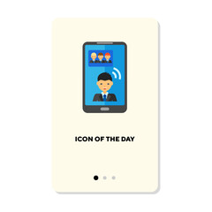 Businessmen on video call via smartphone flat icon. Vertical sign or vector illustration of brainstorming elements. Business, project management, teamwork concept for web design and apps