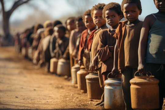 African children queue for drinking water. The concept of hunger and food security of the planet.