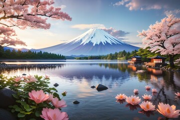 Japanese mountain. snow mountain. Japan. Snow. Pink flower trees. Mountain with a lake. beautiful 4k background wallpaper.