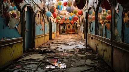 Fotobehang A dilapidated carnival funhouse with distorted mirrors and creepy laughter echoing in the air - Generative ai © Filip
