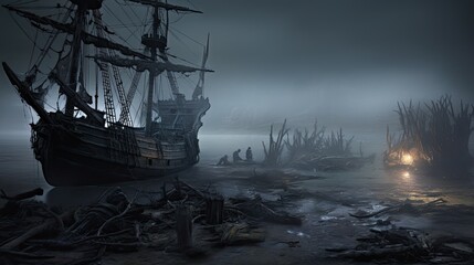 A haunted shipwreck on a foggy shoreline, with tattered sails and ghostly crew members - Generative ai - obrazy, fototapety, plakaty