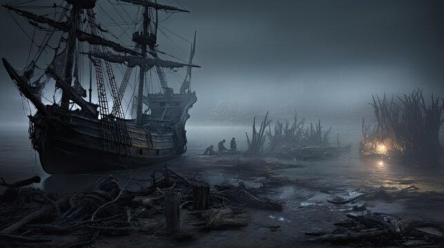 A haunted shipwreck on a foggy shoreline, with tattered sails and ghostly crew members - Generative ai © Filip