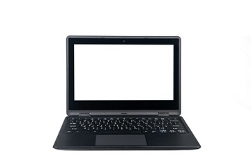 Isolated front view of a laptop computer with a white screen against white or transparent background, English Arabic QWERTY Keyboard