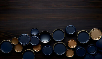 Metallic Ensemble: Group of Cans and White Tin on Brown Wood Background, Aerial Photography with a Touch of Dark Silver