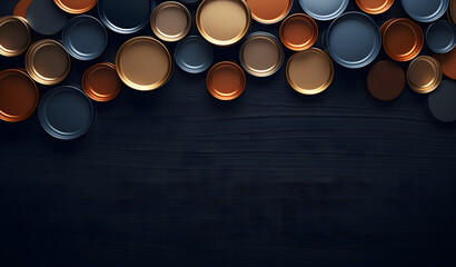 Metallic Ensemble: Group of Cans and White Tin on Brown Wood Background, Aerial Photography with a Touch of Dark Silver