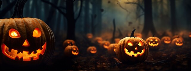 Step into an eerie Halloween night where a spooky forest is illuminated by the warm glow of countless jack-o'-lantern pumpkins