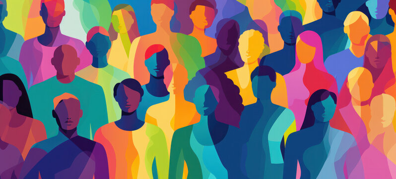 Abstract colorful art watercolor painting depicts a diverse group of people united