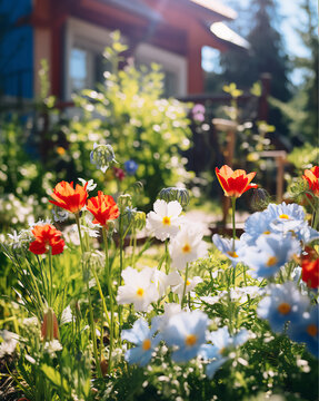 Fototapeta spring garden flowers, plants, sunny background, red white blue, blurred house in back ground