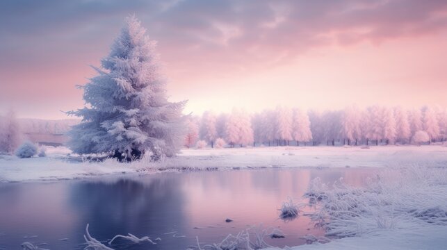 Winter panorama landscape with forest, trees covered snow and sunrise. winterly morning of a new day. purple winter landscape with sunset, panoramic view, frozen river