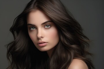Fototapeta premium Portrait of a gorgeous attractive brunette with well-groomed hair, close-up. AI generation.