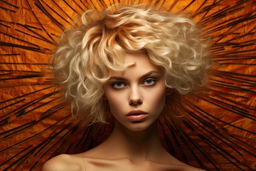  Portrait of an attractive young girl with blonde hair on orange striped background. AI generation. © Владимир Солдатов