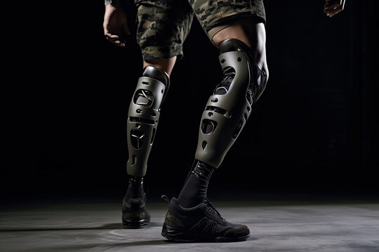 Image of modern prosthetic legs for human on dark background. AI generation.