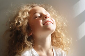 Fototapeta premium Child with curly long hair, smiling, sunlight indoors. Beautiful illustration picture. Generative AI