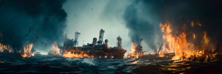 An oil rig disaster at sea, with oil slicks spreading across the ocean surface and threatening marine life. Generative AI
