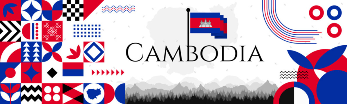The Cambodia Independence Day abstract banner design with flag and map. Flag color theme geometric pattern retro modern Illustration design. Blue and red color template.