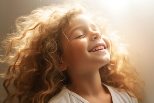 Child with curly long hair, smiling, sunlight indoors. Beautiful illustration picture. Generative AI