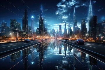 Naklejka premium Abstract technology lines background with Smart and futuristic city concept, virtual reality world with blue and orange line neon light, with Generative Ai.