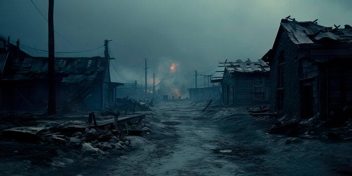 abandoned town affected by toxic contamination from nearby industrial activities Generative AI
