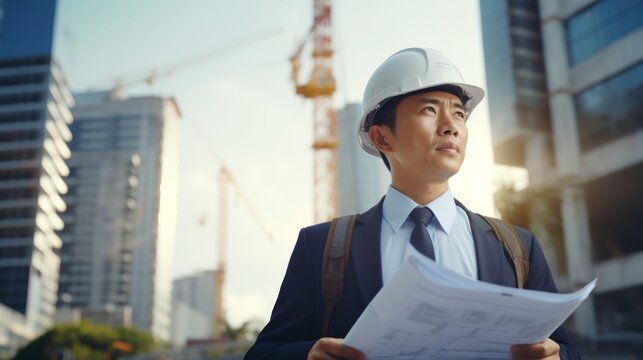 Confident asian engineer on construction site. Beautiful illustration picture. Generative AI