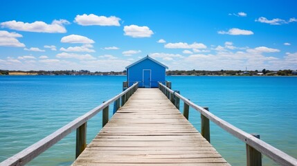Obraz premium Blue boat station with small building. Beautiful illustration picture. Generative AI