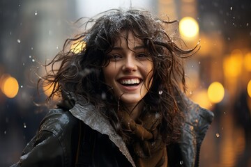 Rainy day, woman is smiling. Beautiful illustration picture. Generative AI