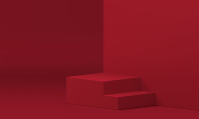 Red 3d podium pedestal staircase with steps showroom display interior realistic vector