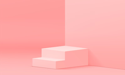 Pink 3d podium staircase showroom interior mock up for cosmetic product show presentation vector