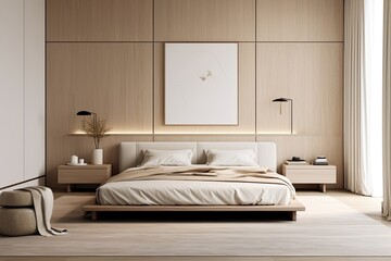 Modern style bedroom interior warm and cozy with wooden decoration, Cozy beige tone stylish, furniture, comfortable bed, Minimal decor design background, with Generative Ai.