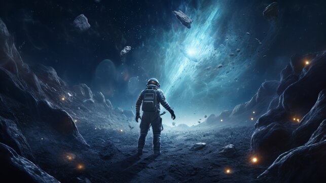 Cosmonaut in suit is on the other planet. Beautiful illustration picture. Generative AI