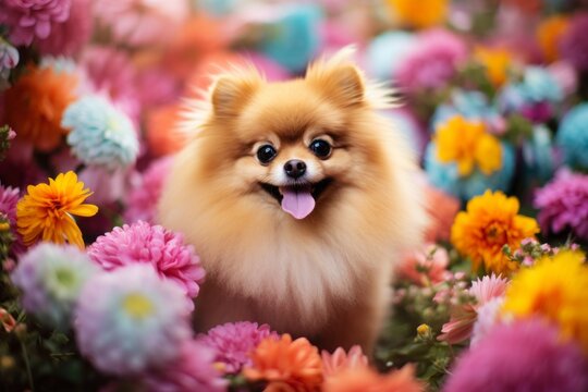 Cute Pomeranian on background of flowers. Beautiful illustration picture. Generative AI