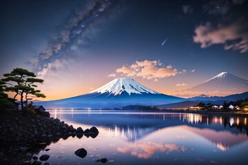 mountain, lake, landscape, water, nature, sky, mountains, reflection, cloud, clouds, snow, travel, mount, morning, river, sea, tourism, forest, Japan, volcano, wilderness, trees, view, outdoors, mt