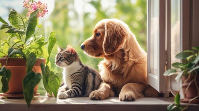 Dog and cat as best friends on the windowsill. Beautiful illustration picture. Generative AI