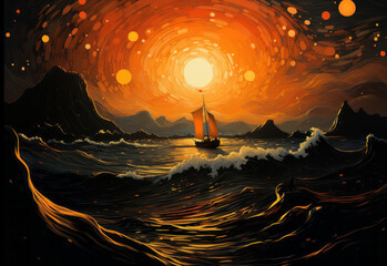 Dot shaped style sunset, boat in the ocean. Beautiful illustration picture. Generative AI