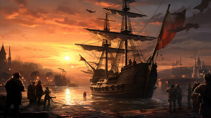 Obraz premium Sail into History. Fantasy Columbus Day Card with a Majestic Ship