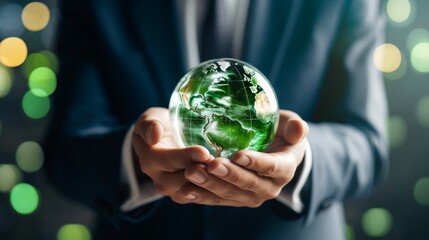 Fototapeta premium Environmental social governance business. Man holding globe. Beautiful illustration picture. Generative AI