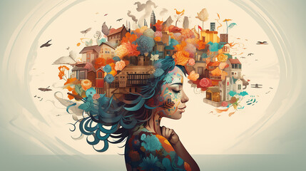 Whimsical Illustration. Girl's Profile Amidst Nature for Mental Health Day