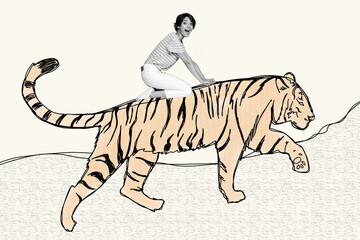 Composite picture abstract photo collage of ecstatic overjoyed woman riding tiger in savanna isolated on creative painted background