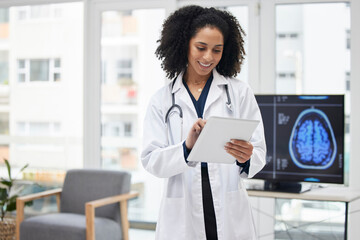 Neurology, doctor and planning surgery with tablet in office with x ray, results and patient data on tech for expert consultation. Cancer, research and black woman to study the brain or neuroscience - obrazy, fototapety, plakaty