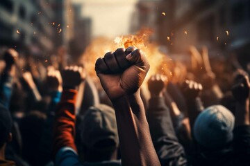 Raised fist of afro american man in large angry protest riot crowd of people - obrazy, fototapety, plakaty