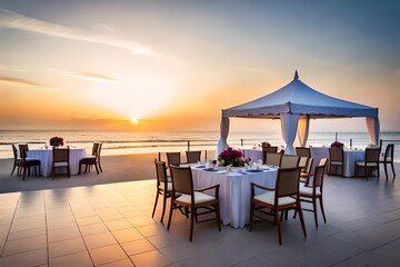 Wedding reception event set up at resort on ocean