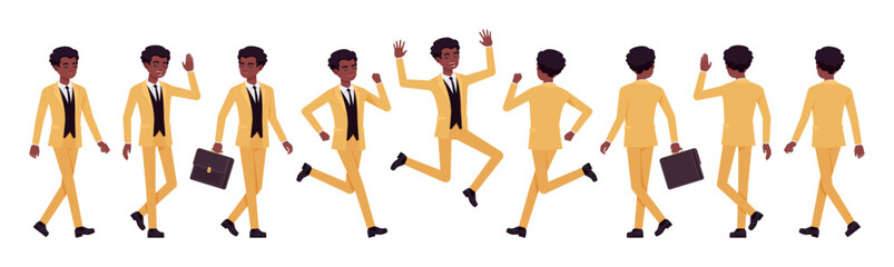 African american yellow suit man, businessman set, different walk, run poses. Standup performer comedian, office consultant, entertainer. Vector flat style cartoon character isolated, white background