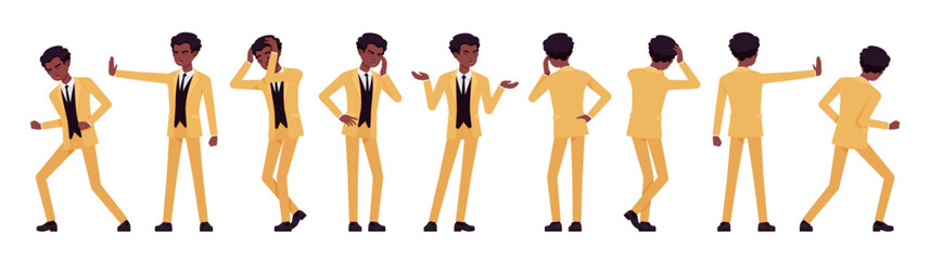 African american yellow suit man, businessman set, negative emotions. Sad standup performer comedian, office consultant, entertainer. Vector flat style cartoon character isolated, white background