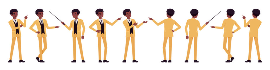 African american yellow suit man, businessman set, point, show, present pose. Standup performer comedian, office consultant, entertainer. Vector flat style cartoon character isolated, white background